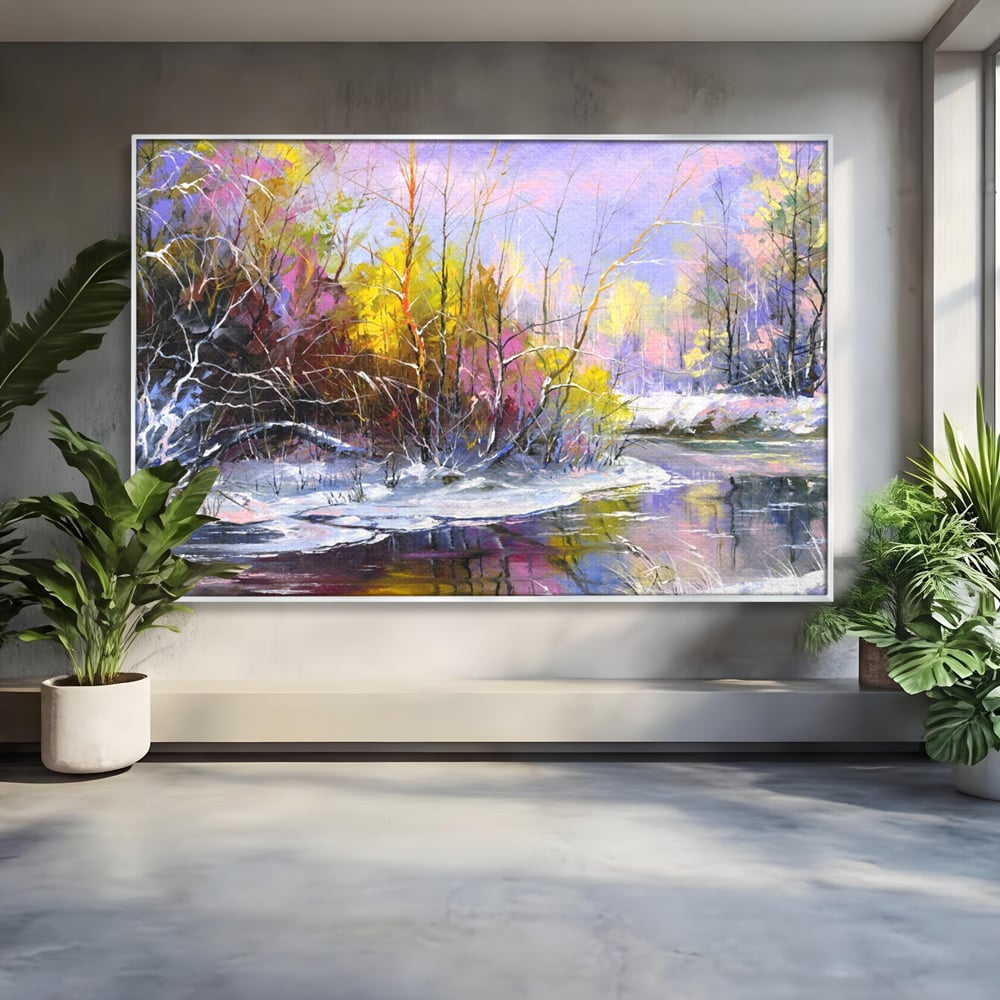 Tablou canvas cu tablou pictat peisaj de iarna, in rama de aluminiu argintiu